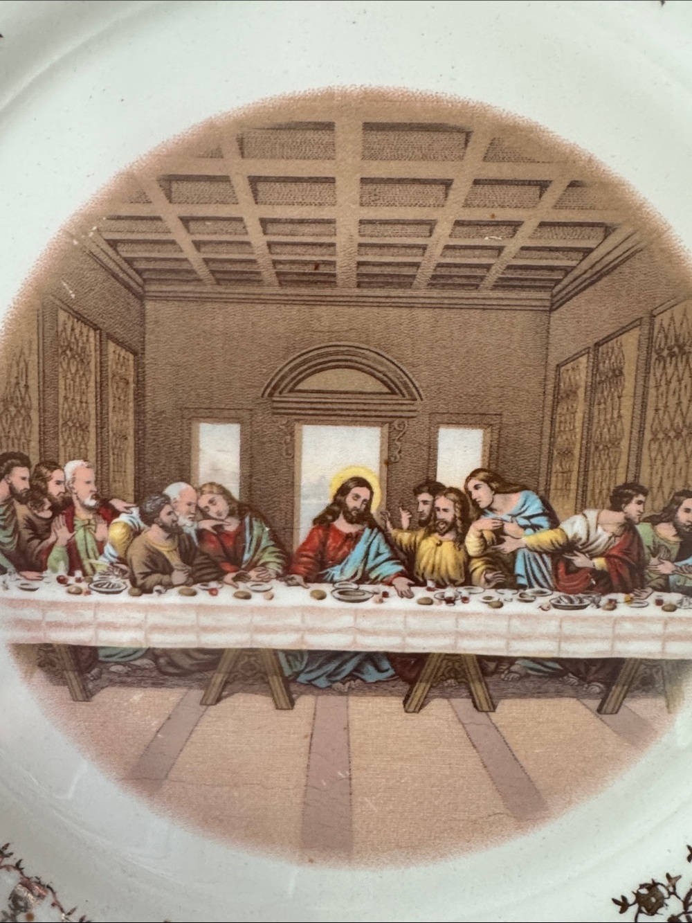 Decorative Last Supper Porcelain Dinner Plate in Brown and Cream